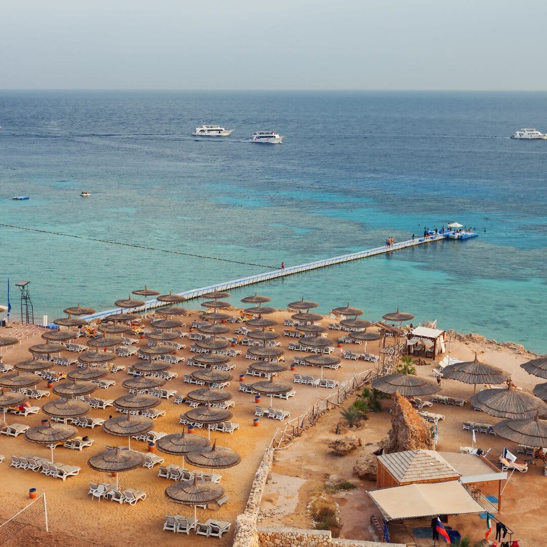 Una spiaggia attrezzata con ombrelloni e un molo è lo sfondo perfetto per una rilassante giornata al mare.