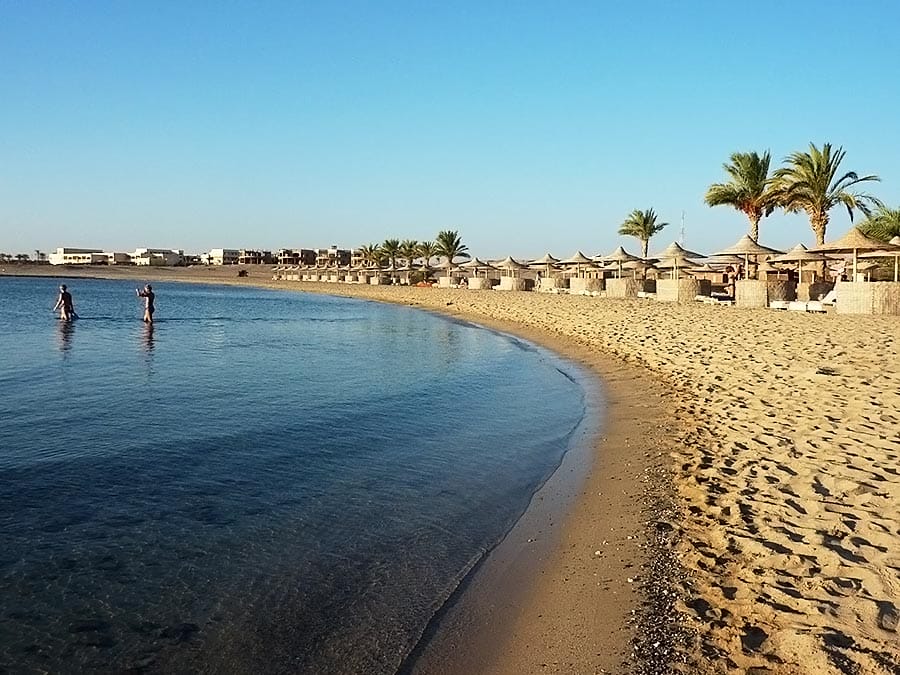 Una scena serena di spiaggia con una costa curva, due individui che guadano in acque calme e una fila di ombrelloni e palme sullo sfondo, con un'offerta viaggio Marsa Alam