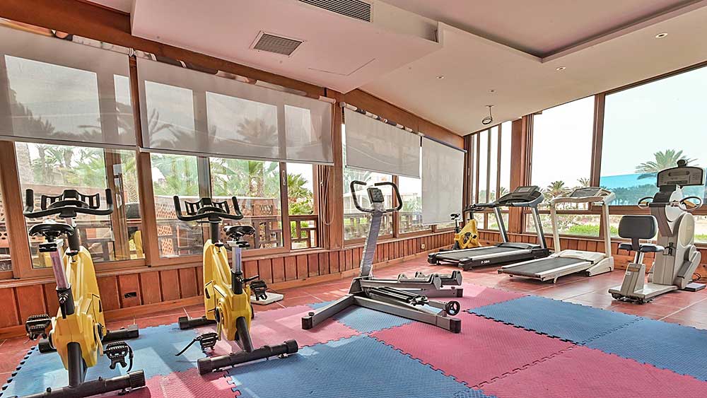 Una sala palestra ben illuminata con attrezzi ginnici, tra cui tapis roulant e cyclette, che si affaccia attraverso grandi finestre sulla vista delle palme e del Villaggio Mar Rosso.
