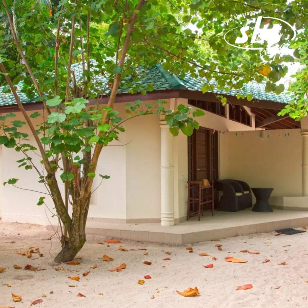 Un piccolo bungalow bianco con un tetto verde incastonato tra alberi e terreno sabbioso, che ricorda un resort isolano. L'area del patio invita al relax con una sedia imbottita e un tavolino, catturando l'essenza serena di Embudu Village.