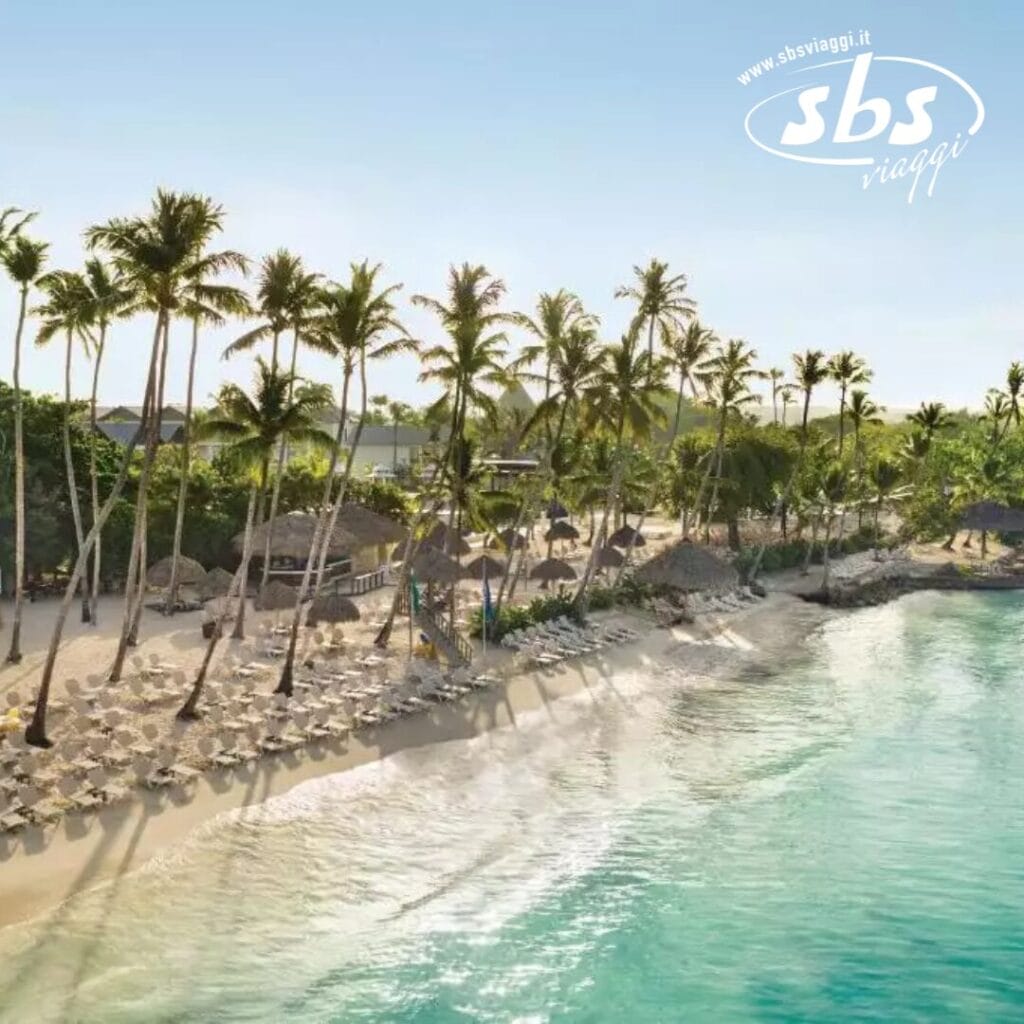 Uno scenario di spiaggia tropicale all'Hilton La Romana, con palme, sedie a sdraio e ombrelloni di paglia lungo la riva sotto un cielo azzurro e limpido.