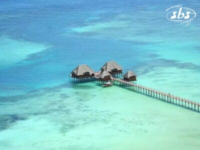 Scoprite l'incantevole fascino di Dongwe, dove i bungalow sull'acqua sono elegantemente collegati da un molo, galleggianti sopra le limpide acque turchesi.