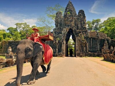 Un elefante con a bordo un cavaliere vestito di rosso cammina vicino a un antico cancello di pietra con intricate incisioni, circondato da una vegetazione lussureggiante e sotto un cielo azzurro e terso.