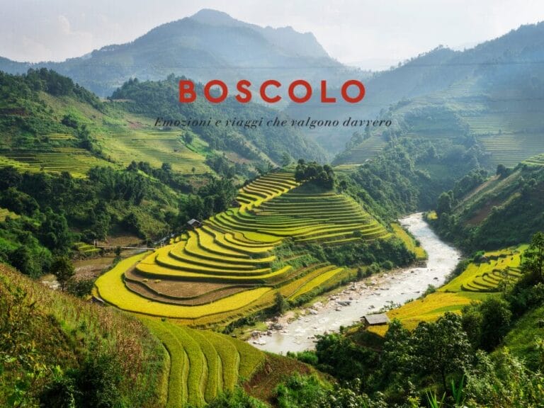 Risaie terrazzate lungo un fiume sinuoso in una lussureggiante e verde valle del Vietnam Insolito, con colline sullo sfondo. Il testo recita: BOSCOLO.