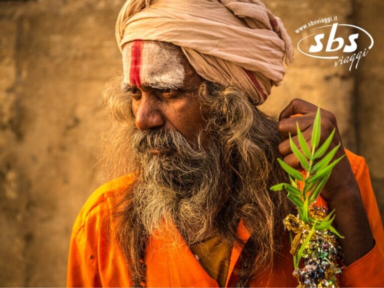 Un uomo anziano con una lunga barba e un abito arancione tiene in mano delle foglie verdi, con la fronte dipinta e un foulard avvolto. Un logo è nell'angolo in alto a destra, che si fonde perfettamente con l'essenza tranquilla della bozza automatica.