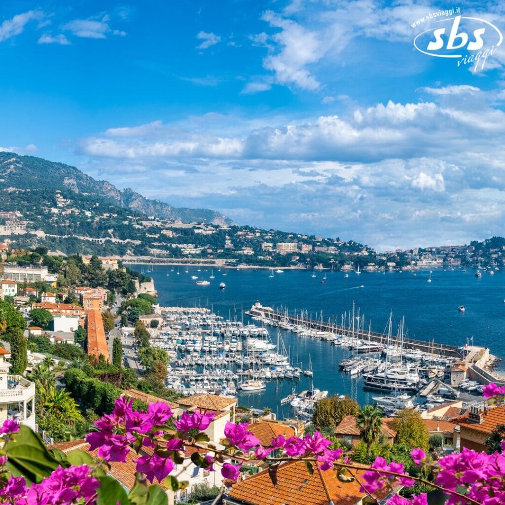 Vista panoramica di una città costiera con un porto turistico pieno di barche, tra imponenti montagne e un cielo azzurro terso. Fiori rosa vivaci sbocciano in primo piano, aggiungendo un tocco di "Bozza automatica" naturale alla pittoresca cornice.