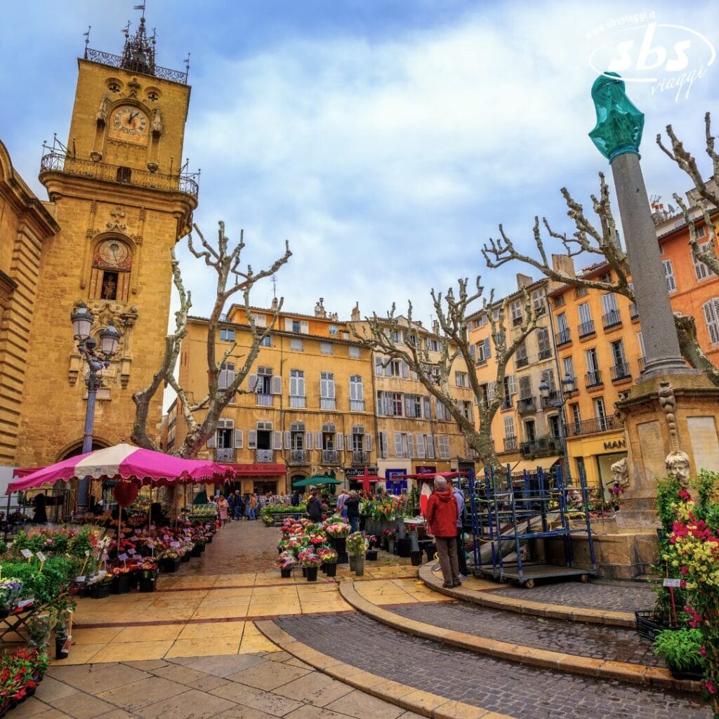 Una vivace piazza del mercato con bancarelle di fiori e venditori, sullo sfondo di edifici storici e una torre dell'orologio, cattura il fascino della Provenza. Alberi spogli e un lampione adornano la scena sotto un cielo nuvoloso, invitando i visitatori a visitare la sua bellezza senza tempo.