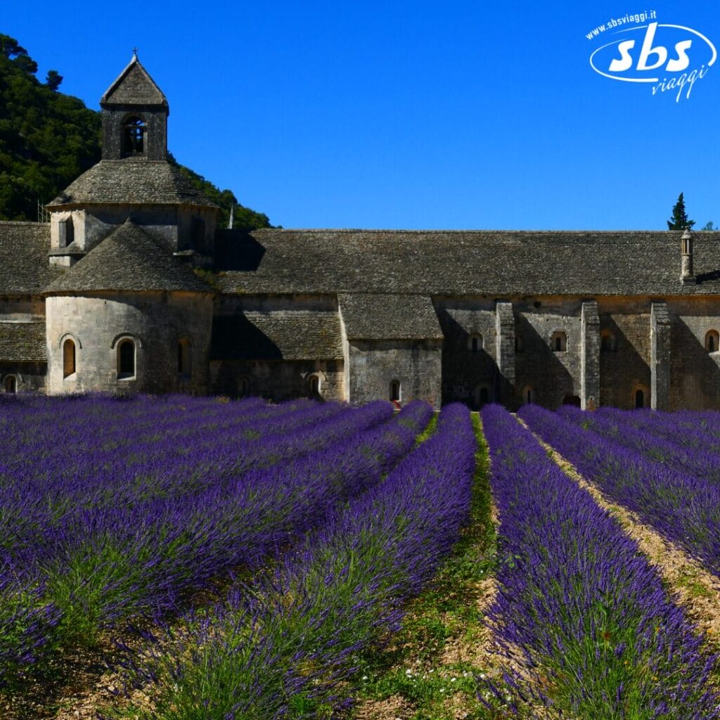 Un edificio in pietra con campanile si erge di fronte a un campo di lavanda, sotto un cielo azzurro e limpido, fondendosi armoniosamente nel paesaggio sereno come la tela di un impressionista.