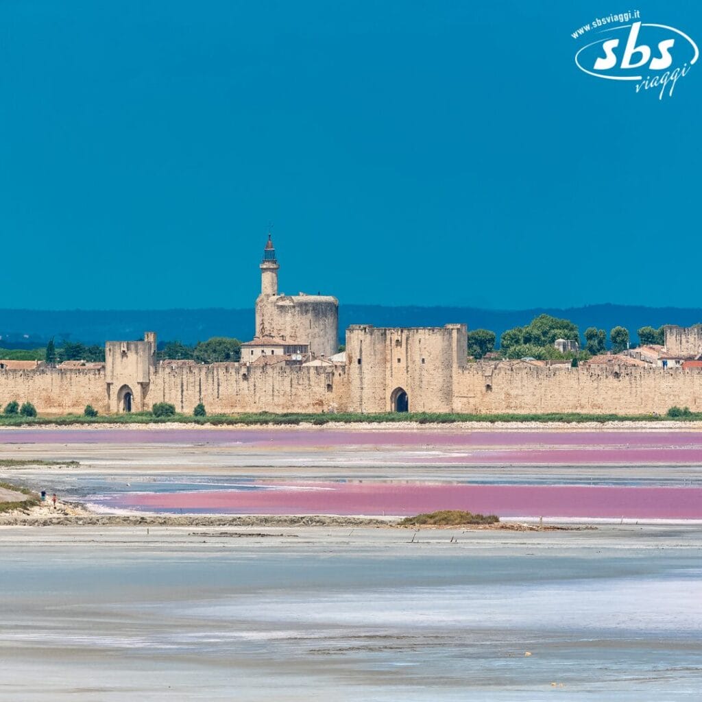Una fortezza e una torre medievali si ergono sopra una città murata, delimitata dalle vaste saline della Provenza, con sfumature di rosa e blu dell'acqua che luccicano in primo piano.
