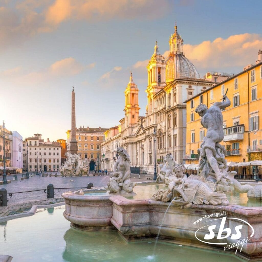 Piazza Navona a Roma al tramonto, con la Fontana del Nettuno che si erge fiera in primo piano e gli edifici storici che mettono in mostra le loro cupole sullo sfondo, catturando davvero l'essenza della Caput Mundi.