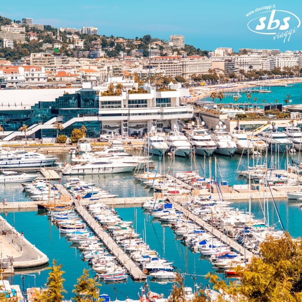 Una vista aerea di un vivace porto turistico pieno di yacht e barche, sullo sfondo di vivaci edifici cittadini e di una pittoresca costa sotto il cielo limpido della Bozza automatica.