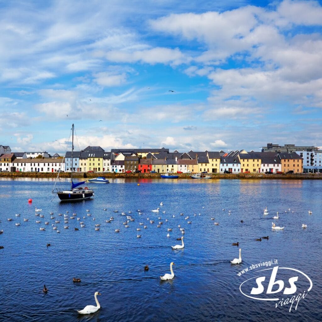Case colorate costeggiano il lungomare dietro un porto con una barca a vela, cigni e anatre in una giornata luminosa e parzialmente nuvolosa; perfetto per rilassarsi con un cocktail irlandese. Logo