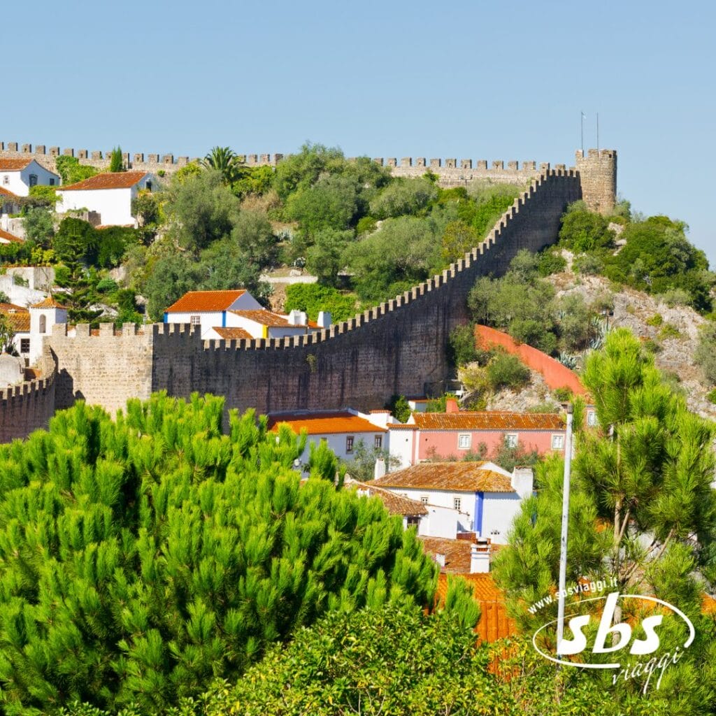 Le mura di pietra della fortezza si estendono splendidamente su una lussureggiante collina verde in Portogallo, con incantevoli edifici bianchi e tetti rossi che adornano il primo piano. Una maestosa torre domina il panorama, circondata da alberi sparsi, offrendo uno scorcio di meraviglie che attendono ogni visita.