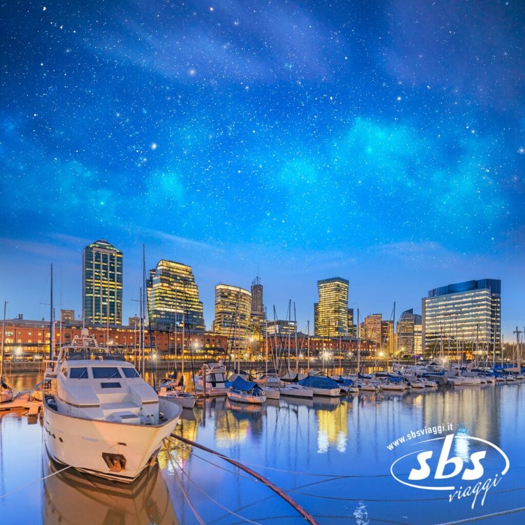 In primo piano un porto turistico con barche ormeggiate, sullo sfondo lo skyline di Buenos Aires con edifici illuminati e sopra di lui un cielo stellato.
