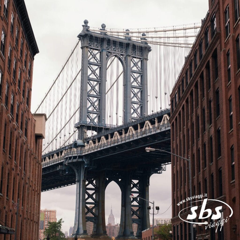 Il ponte di Manhattan incorniciato da edifici in mattoni a New York, con l'Empire State Building visibile in lontananza, sotto un cielo nuvoloso.