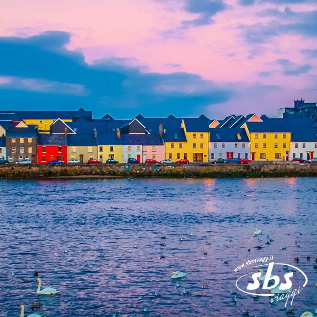 Colorate case a schiera costeggiano il lungomare di Belfast sotto un cielo rosa e azzurro, con cigni che nuotano nell'acqua, catturando il fascino vibrante dell'Irlanda.