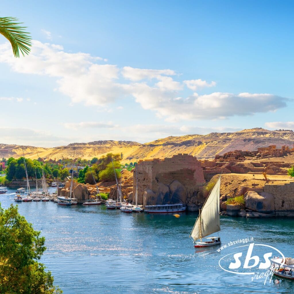 Diverse barche a vela navigano sul vasto Nilo, accanto ad antiche rovine, alberi rigogliosi e colline desertiche nei pressi del Cairo, sotto un cielo parzialmente nuvoloso.