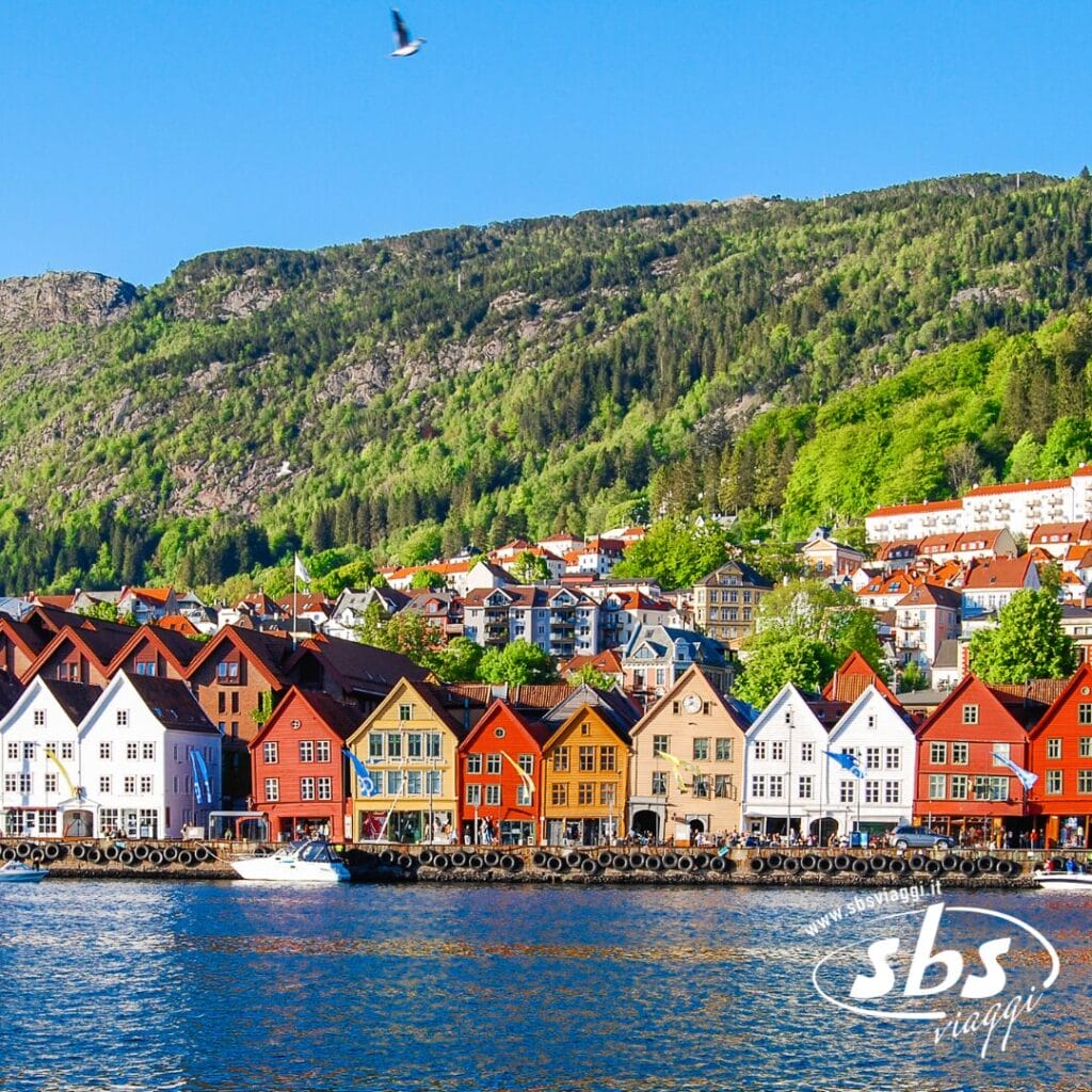 Colorate case di legno costeggiano il lungomare di fronte a una collina boscosa sotto un cielo azzurro e limpido, offrendo uno spettacolo mozzafiato lungo i Fiordi, con una barca e un uccello in volo che contribuiscono a rendere affascinante l'atmosfera turistica.