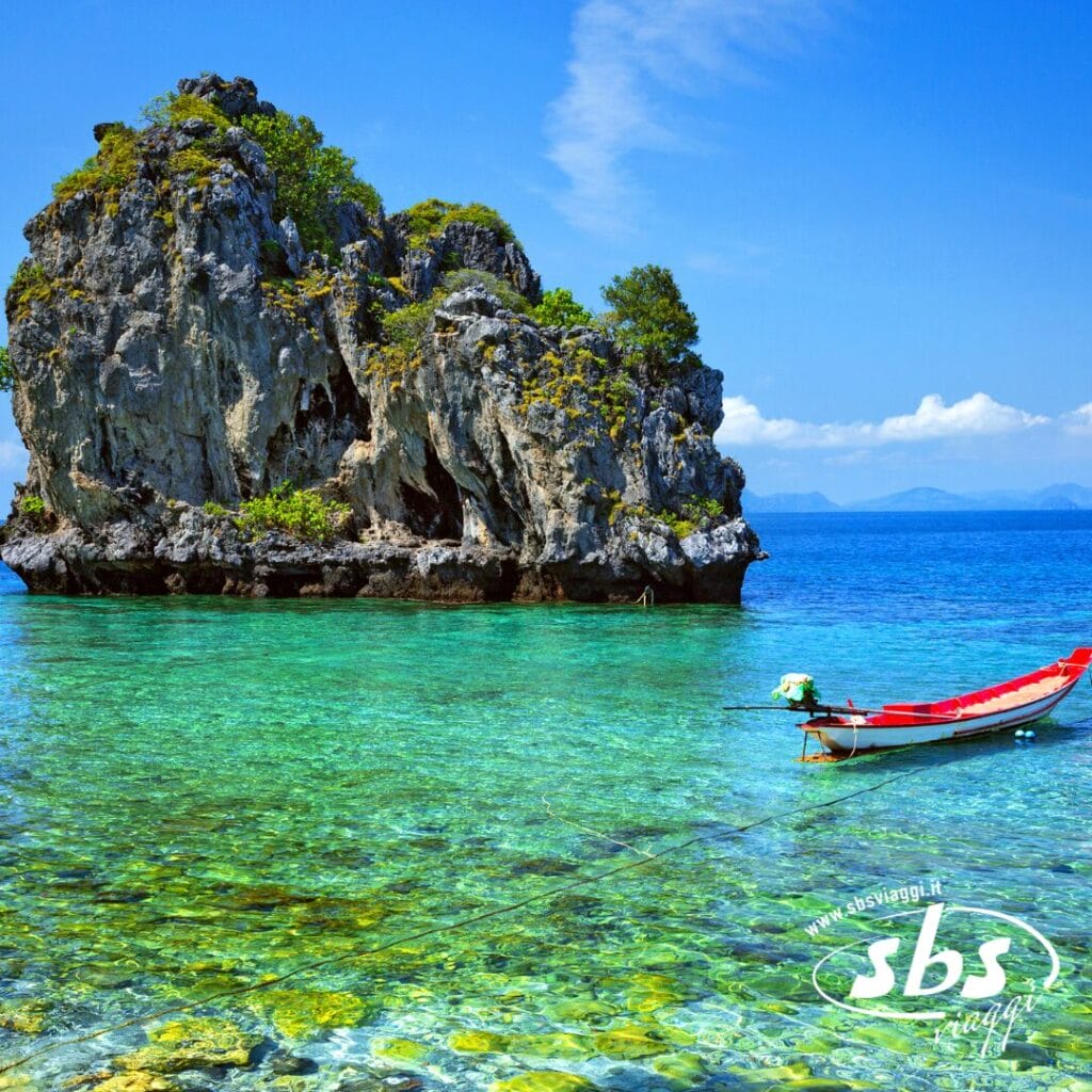 Una piccola isola rocciosa con vegetazione verde si erge in acque turchesi e cristalline; una barca di legno ormeggiata galleggia vicino alla riva sotto un cielo azzurro: uno scenario idilliaco per la tua avventura in Thailandia nel 2025.
