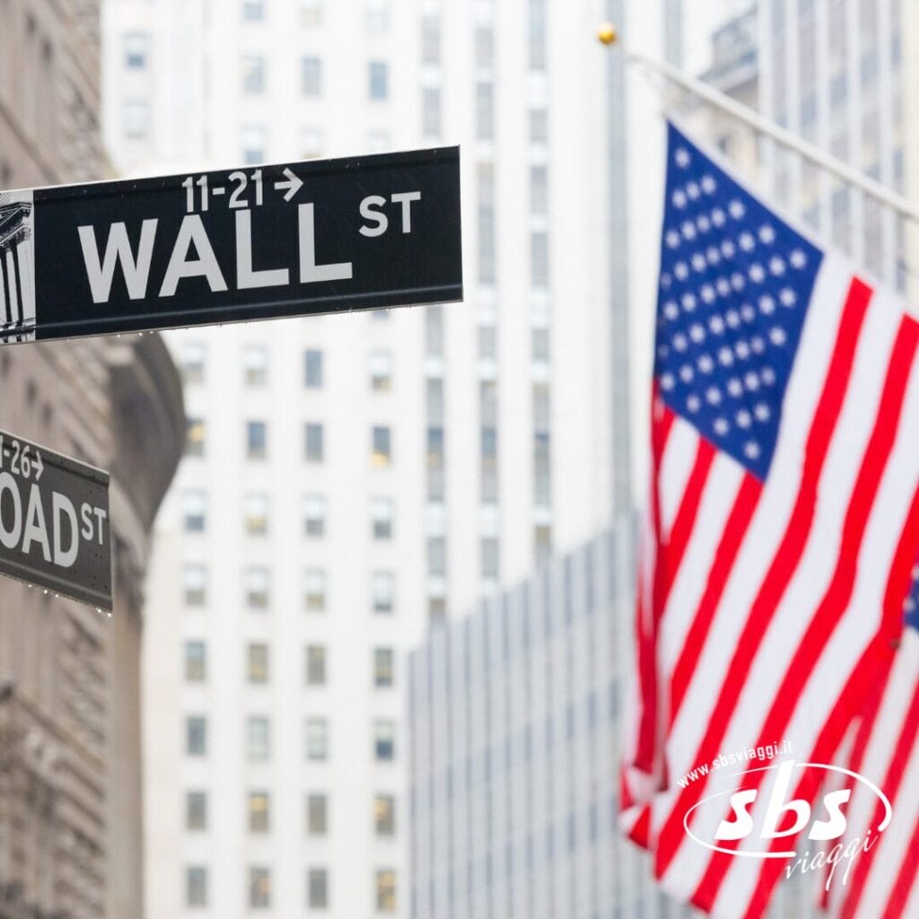 Cartello stradale di Wall Street con bandiera americana e alti edifici per uffici sullo sfondo, che cattura lo spirito iconico di New York: una tappa imprescindibile di qualsiasi tour della città.