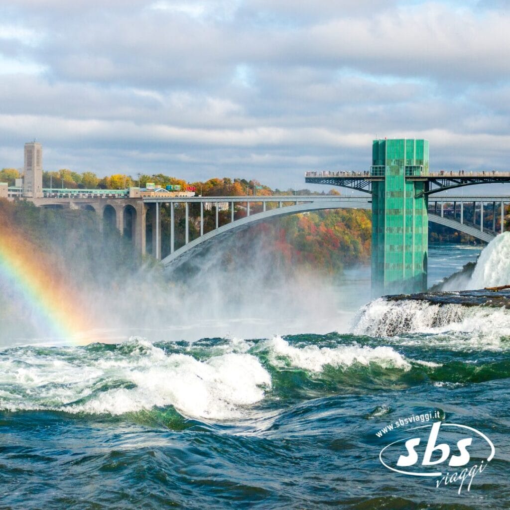 Vista delle Cascate del Niagara con un arcobaleno visibile, un ponte sullo sfondo, una torre di osservazione e acqua che scorre in primo piano sotto un cielo di New York parzialmente nuvoloso.