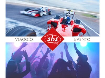 In alto: due auto da corsa su una pista, una a fuoco e una sfocata. In basso: folla che balla a una festa con luci colorate, catturando l'energia di un Viaggio Evento. Al centro: logo dell'agenzia di viaggi SBS Viaggi.