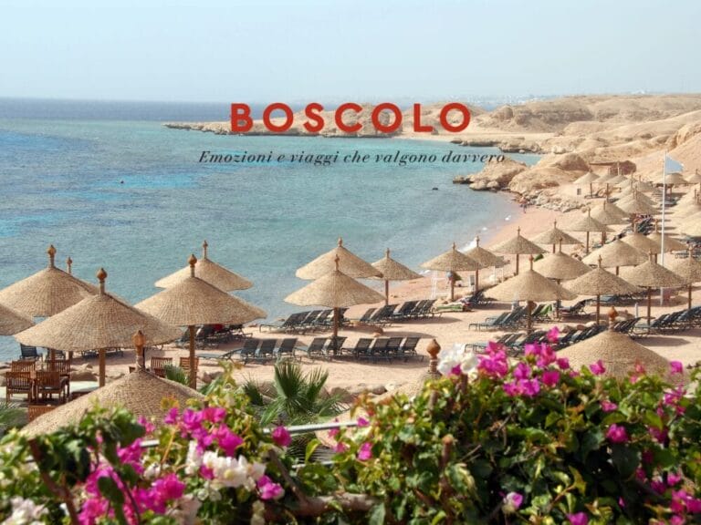 Spiaggia con ombrelloni di paglia e sedie a sdraio, mare cristallino che ricorda il Mar Rosso e fiori in primo piano. Testo Boscolo sovrapposto.