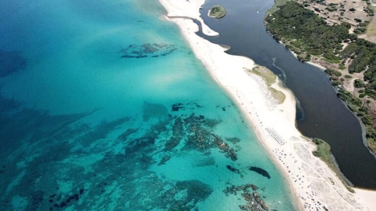 Vista aerea di una spiaggia sabbiosa con mare turchese e un fiume scuro che incontra la riva, immortalata in una splendida bozza automatica.