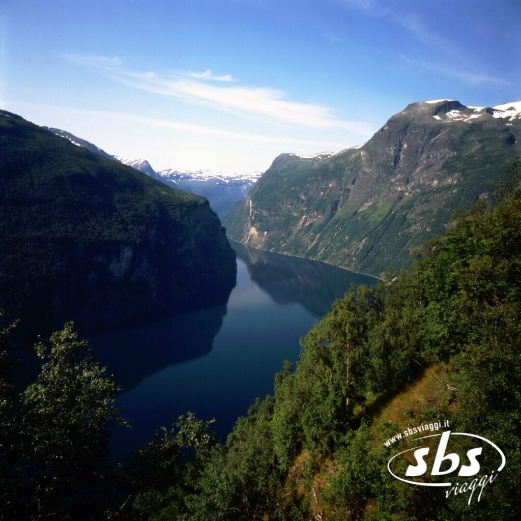 Un fiordo di un blu intenso si snoda tra montagne scoscese e verdi sotto un cielo limpido, con alberi in primo piano e cime innevate in lontananza: uno scenario indimenticabile del nostro Tour Fiordi, accompagnatore dall’Italia incluso.