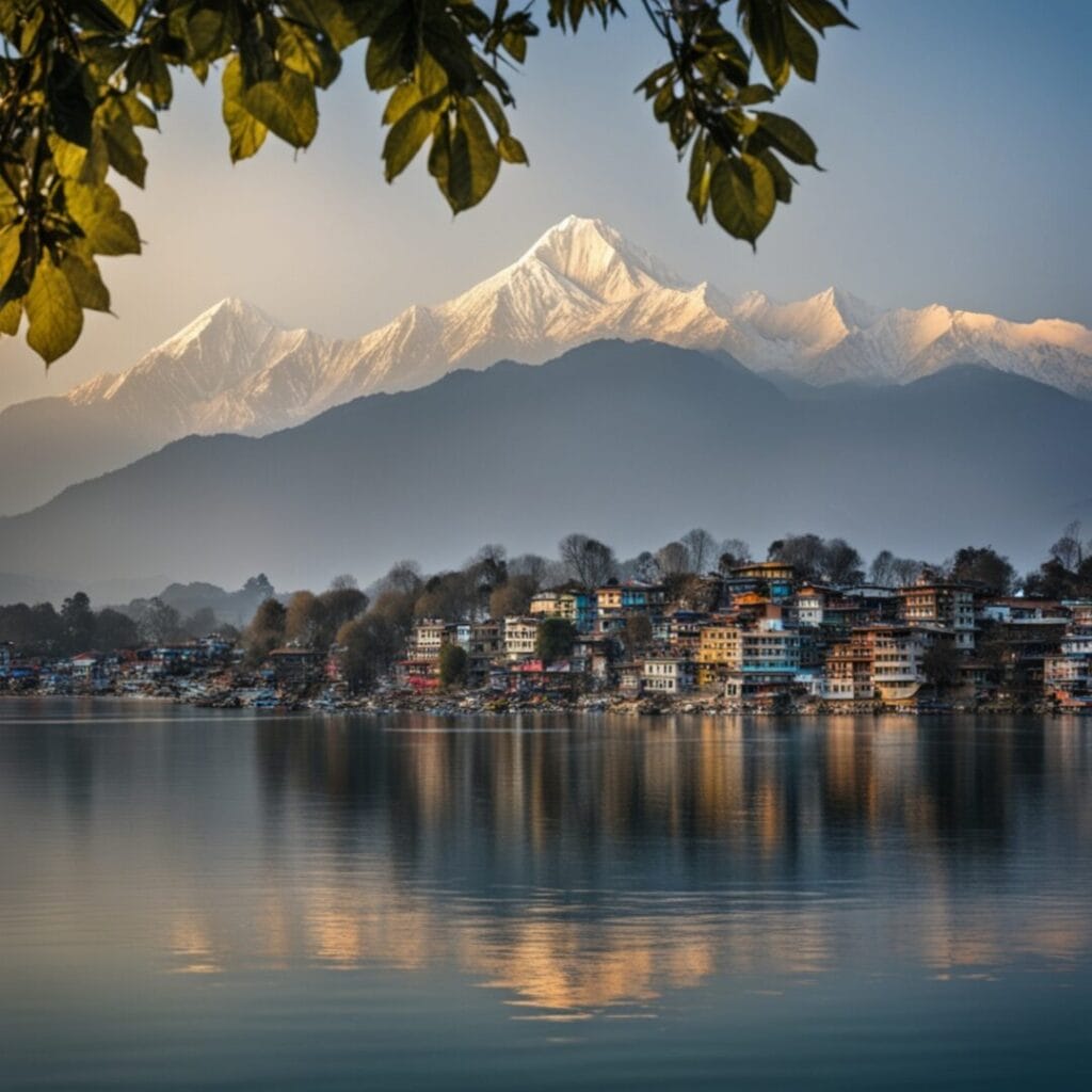 Montagne innevate si ergono sopra una cittadina lacustre in Nepal, con edifici colorati, acque calme e rami di alberi che incorniciano la parte superiore dell'immagine: uno scenario invitante per qualsiasi tour.