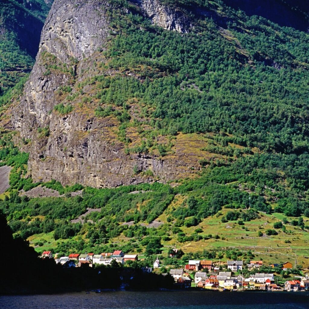 Un piccolo villaggio con case colorate sorge ai piedi di una montagna boscosa, con vista sulle acque scintillanti: uno scenario idilliaco nei Fiordi Meravigliosi d'Italia, perfetto da esplorare con un accompagnatore esperto.
