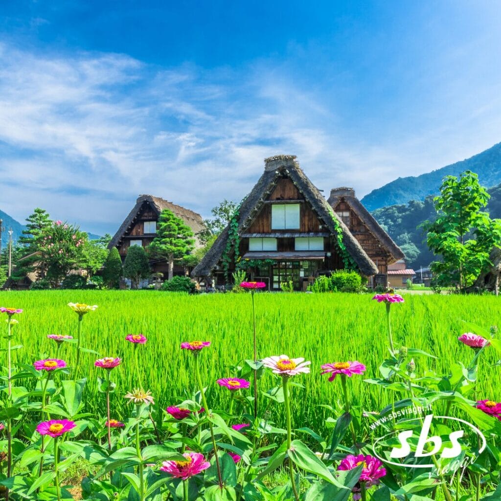 Le tradizionali case con il tetto di paglia in Giappone sorgono dietro una risaia verde, con fiori colorati in primo piano e montagne sullo sfondo sotto un cielo azzurro.