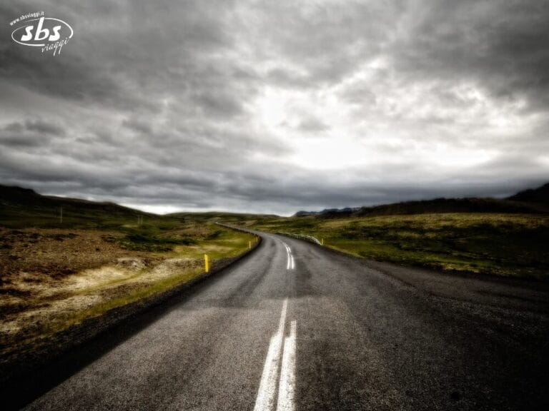 Una strada rurale tortuosa sullo Snaefellsnes si estende in lontananza sotto un cielo nuvoloso e coperto, con verdi colline su entrambi i lati: una scena classica del Ring 1 in Islanda.