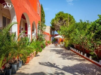 Il cortile soleggiato del B&B Paradise a Lampedusa è caratterizzato da edifici rossi, piante in vaso e posti a sedere all'aperto sotto tende bianche.