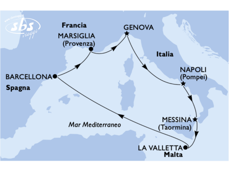 Mappa della rotta della Crociera Mediterraneo su MSC World Europa da Barcellona a Marsiglia, Genova, Napoli, Messina e La Valletta.