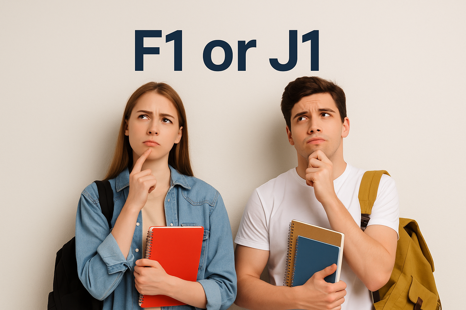 Due studenti, un maschio e una femmina, sono in piedi contro una parete liscia con in mano dei quaderni e lo sguardo pensieroso. Sopra di loro, una grande scritta recita "F1 o J1", alludendo alla scelta tra programma Exchange J1 o programma F1 per un anno scolastico Stati Uniti.