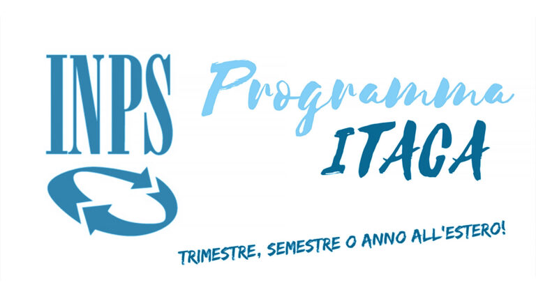 Logo dell'INPS con due frecce blu in un cerchio. Accanto, la scritta "Programma ITACA" e sotto "Trimestre, semestre o anno all'estero!" indica un programma di studio all'estero.