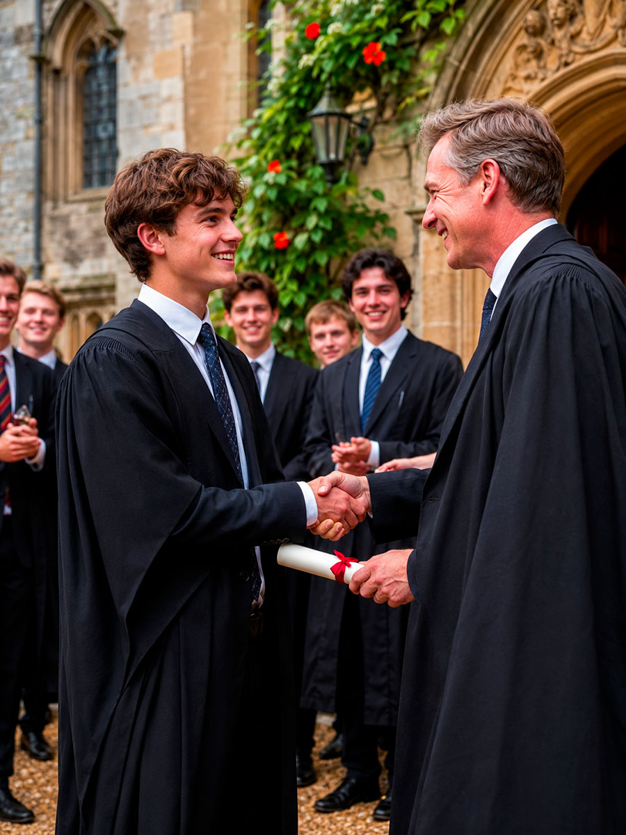 Un giovane in abito da laurea stringe la mano a un uomo più anziano in abiti simili mentre riceve il diploma, con altri laureati che sorridono e applaudono sullo sfondo all'esterno di un edificio storico.