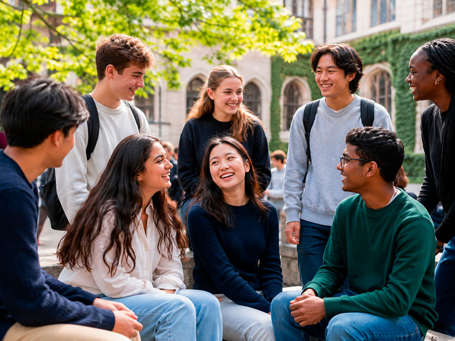 Un gruppo eterogeneo di otto giovani adulti siede e sta insieme all'aperto in un campus, sorridendo e parlando, con alberi e un edificio universitario sullo sfondo.