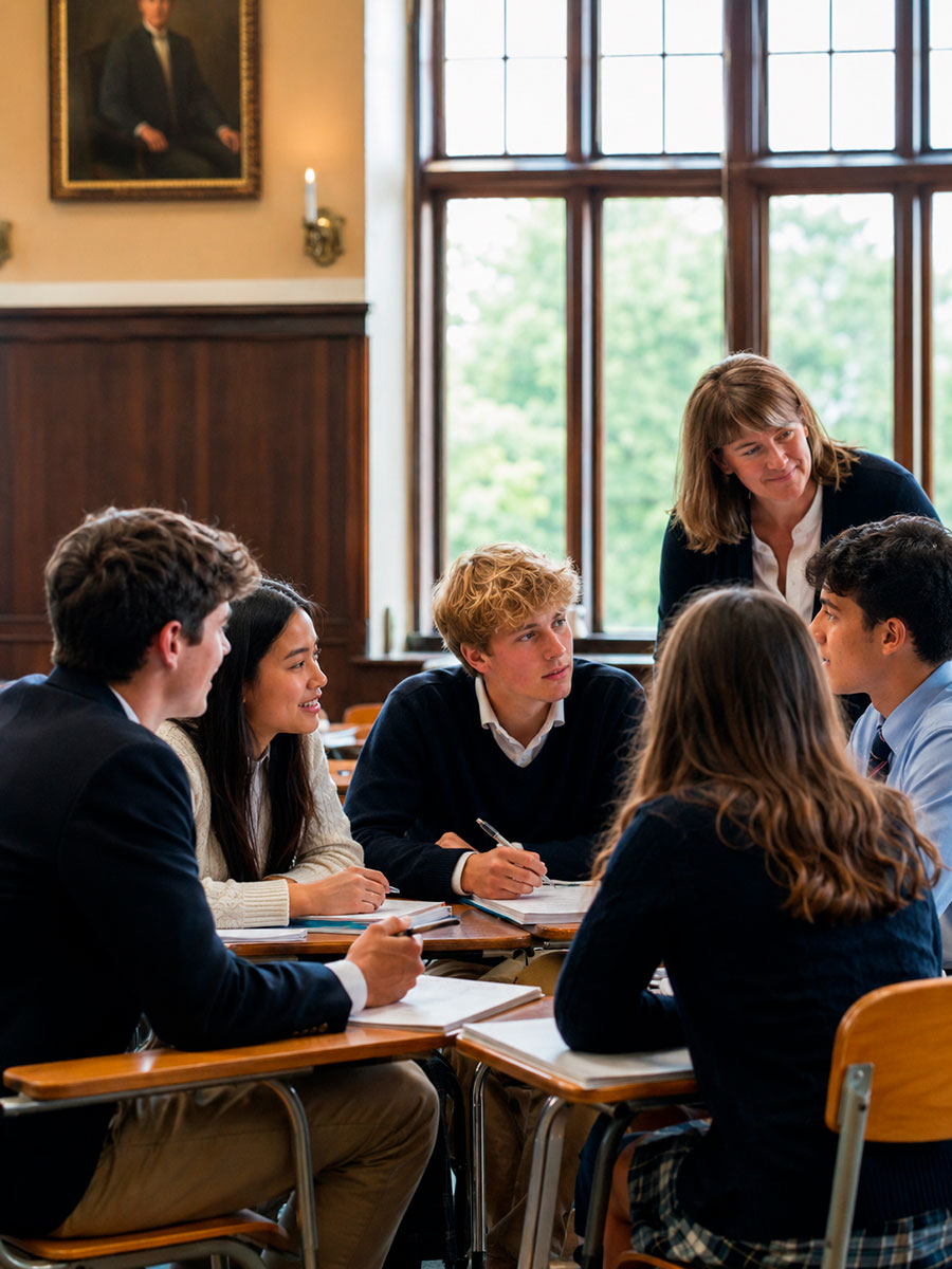Un gruppo di studenti delle scuole superiori siedono intorno ai banchi di un'aula, impegnati in una discussione, mentre un insegnante si trova nelle vicinanze, sorridendo e ascoltando. Sullo sfondo sono visibili grandi finestre e un ritratto sulla parete.