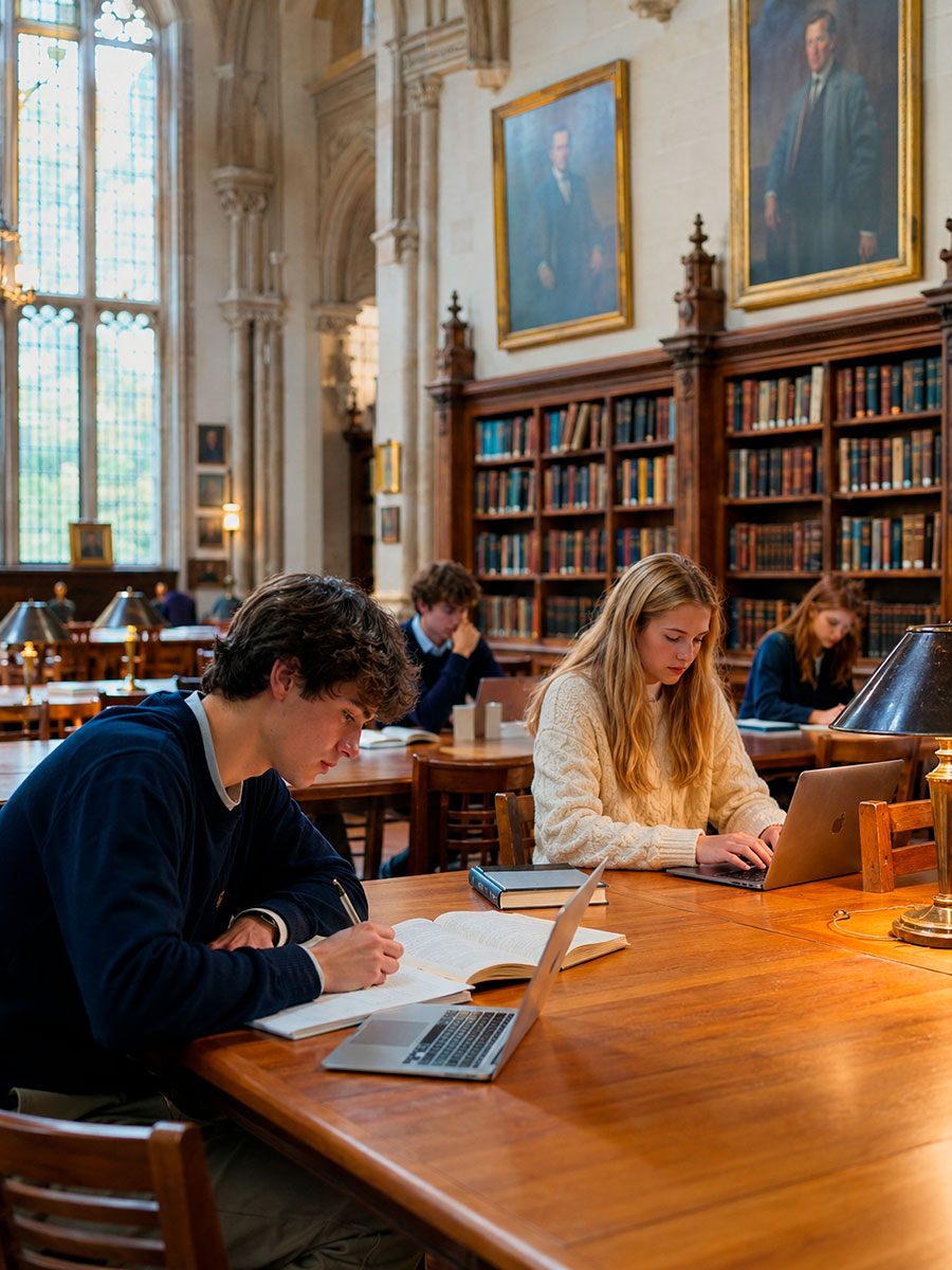 Gli studenti studiano su grandi tavoli di legno in una grande biblioteca con alti scaffali, finestre ad arco e ritratti incorniciati alle pareti. Alcuni usano computer portatili, altri scrivono su quaderni. La luce naturale riempie la stanza.
