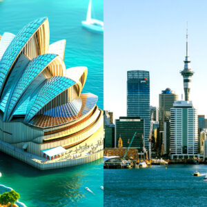 Immagine divisa: Il lato sinistro mostra l'Opera House di Sydney sull'acqua, con le sue iconiche vele bianche. Il lato destro mostra lo skyline di Auckland con la Sky Tower e i grattacieli, visti dall'altra parte del porto con le barche in acqua.