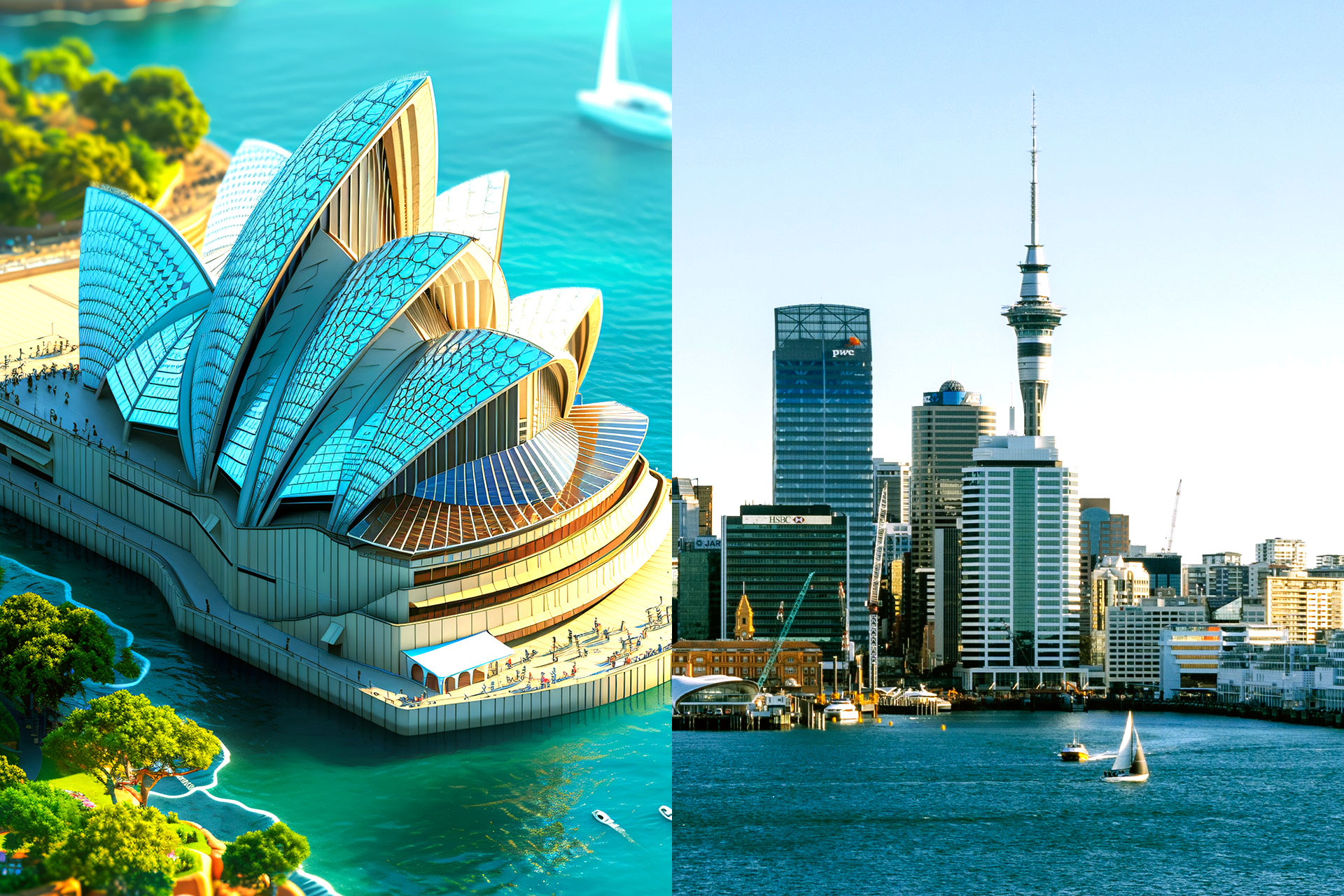 Immagine divisa: Il lato sinistro mostra l'Opera House di Sydney sull'acqua, con le sue iconiche vele bianche. Il lato destro mostra lo skyline di Auckland con la Sky Tower e i grattacieli, visti dall'altra parte del porto con le barche in acqua.