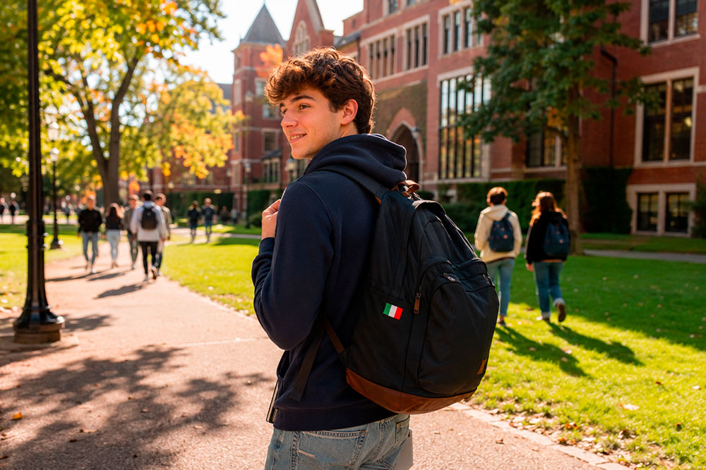 Un giovane sorridente con lo zaino in spalla cammina su un sentiero soleggiato del campus universitario, probabilmente godendosi l'inizio di un nuovo anno scolastico negli Stati Uniti. Altri studenti camminano vicino a edifici accademici in mattoni e prati verdi.