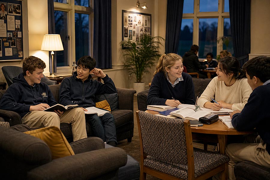 Cinque studenti siedono insieme in una stanza accogliente e caldamente illuminata, studiando e chiacchierando con libri e quaderni sui tavoli - preparandosi per l'Immersione Breve durante il semestre. Sullo sfondo sono visibili grandi finestre e bacheche.