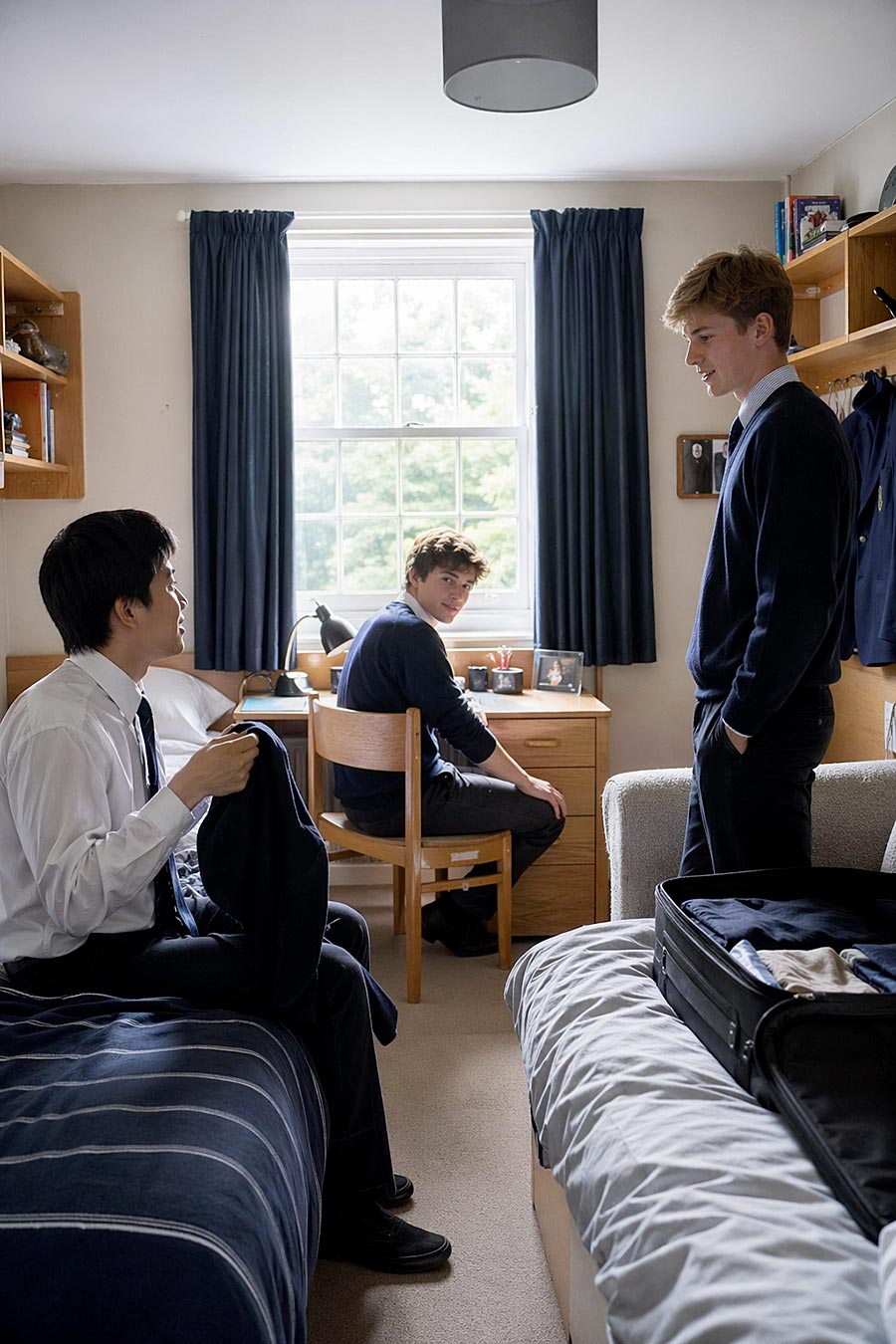 Tre studenti maschi in uniforme scolastica si trovano in un dormitorio ordinato durante il semestre. Uno è seduto su un letto con una giacca in mano, un altro è alla scrivania vicino alla finestra e il terzo è in piedi vicino a una valigia aperta su un secondo letto.