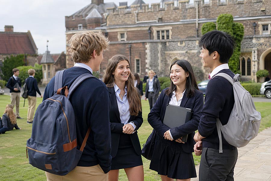 Quattro studenti in uniforme scolastica si trovano all'esterno di un edificio storico, sorridendo e parlando durante una pausa di metà trimestre. Due tengono lo zaino, uno porta una cartella, mentre altri studenti si godono il prato sullo sfondo.