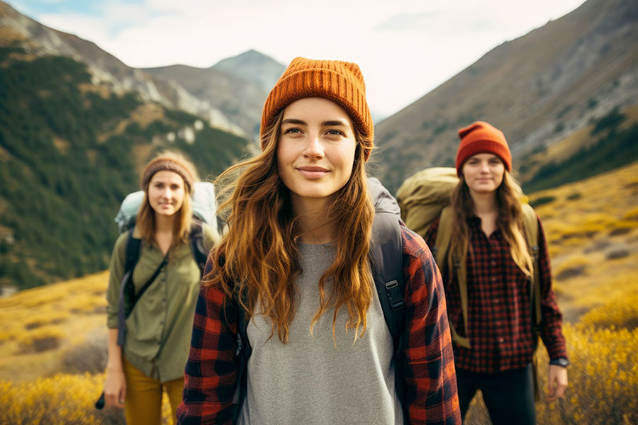 Tre giovani donne con zaino e berretto sono all'aperto su un sentiero erboso di montagna, con le montagne e il cielo azzurro sullo sfondo, sorridenti e pronte a studiare un anno in Nuova Zelanda.