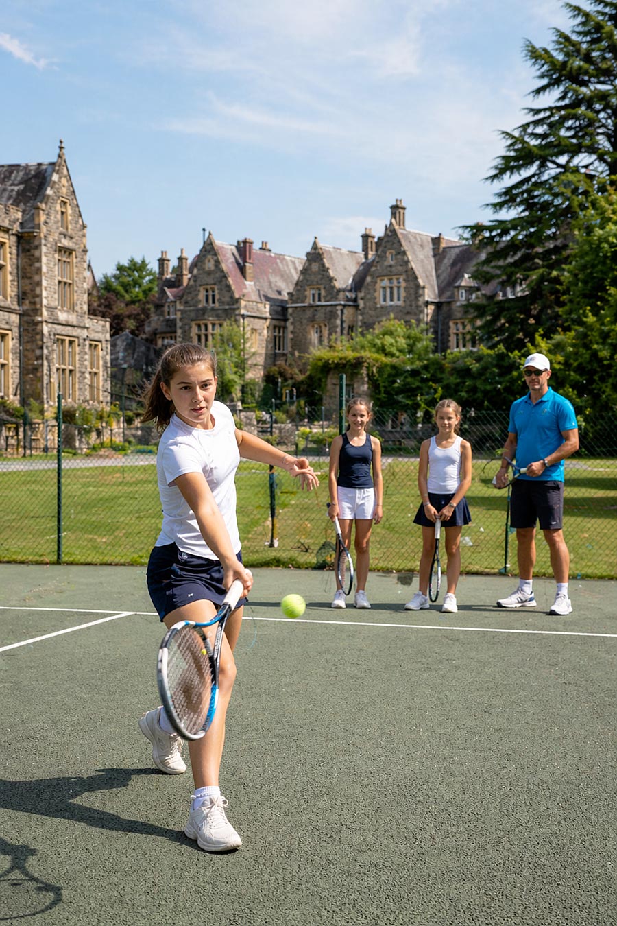 Una ragazza fa oscillare una racchetta da tennis per colpire una palla su un campo all'aperto in un campo estivo, mentre altre due ragazze e un allenatore adulto guardano. Sullo sfondo sono visibili edifici storici in pietra e alberi in una giornata di sole.