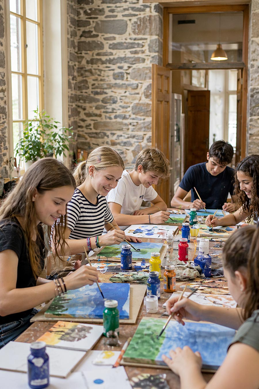 Un gruppo di adolescenti siede intorno a un tavolo in una stanza illuminata dal sole con pareti in pietra, dipingendo allegramente su tele durante il campo estivo. Diversi materiali artistici sono sparsi sul tavolo, catturando lo spirito creativo della loro esperienza di Campo Multiattività.
